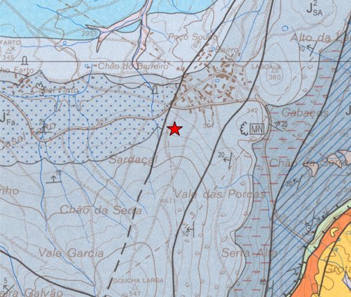 Excerto da carta geológica 27-A com a localização do Algar da Malhada de Dentro